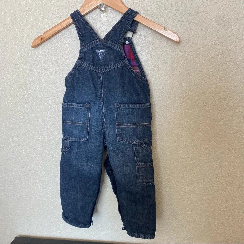 Oshkosh B’Gosh blue denim overalls flannel lined‎ plaid 18 months